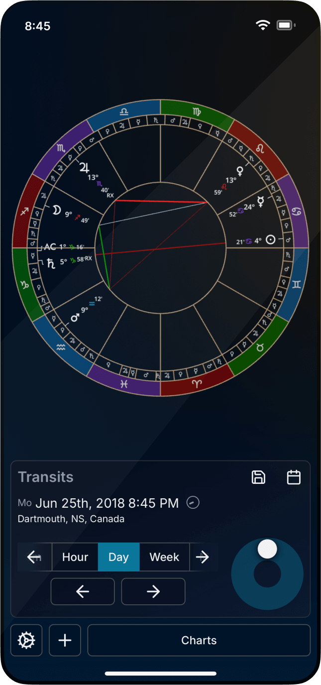 A smartphone with Astrotheoros displayed, the sun and moon on the featured astrology chart aligning with the sun and moon in the other image.